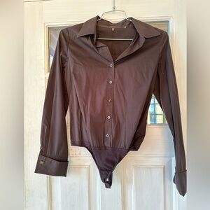 Elie Tahari brown button down bodysuit shirt.
